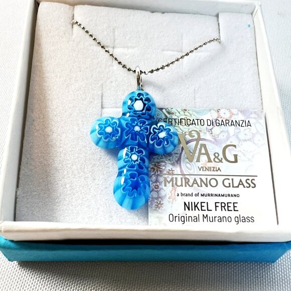 New, Murano Glass Cross Religious Pendant on Silver Chain Necklace 18” Blue - Picture 4 of 6